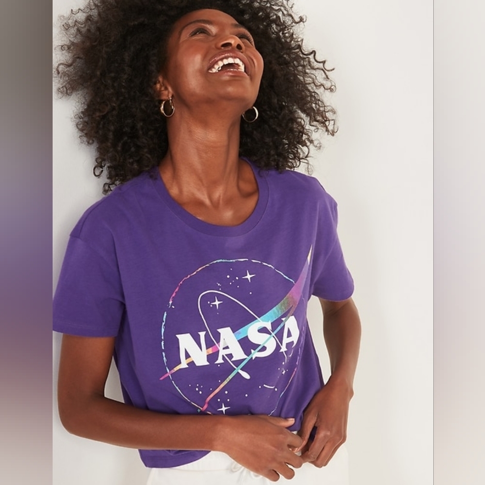 Purple NASA Logo Short Sleeve Crop Top (Size XS: X-Small, Violet, Space, Stars)